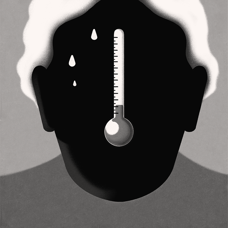 Illustration of a blacked-out face and a thermometer in place of facial features