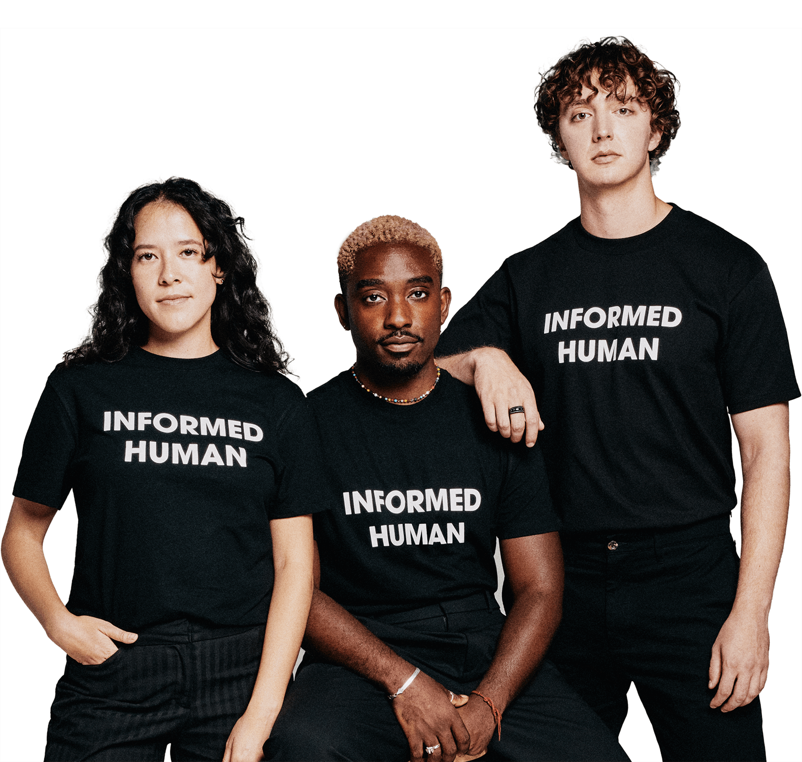 Three teenagers wearing T-shirts reading INFORMED HUMAN